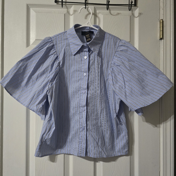 Rain Tops - Boxy Striped Puff Sleeve Poplin Cotton Button Down Collared Preppy Top by Rain.